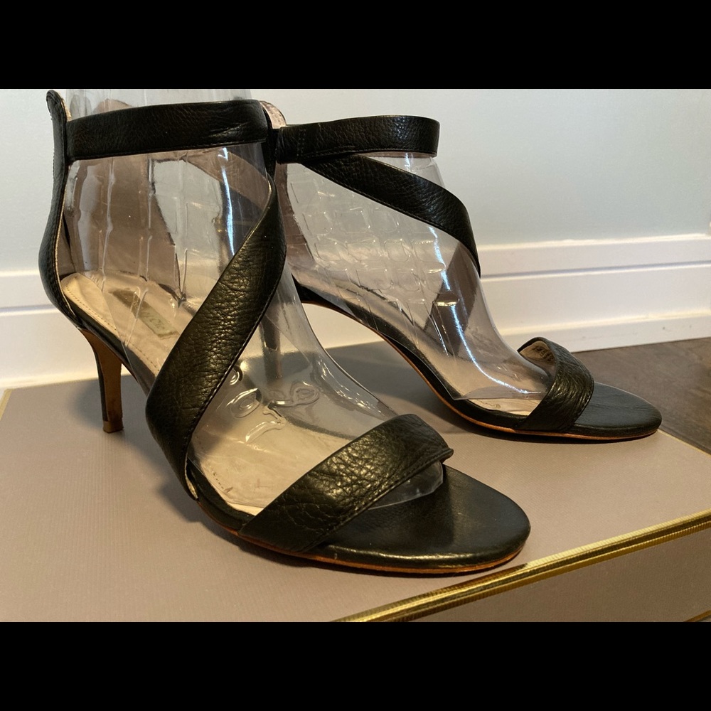Louise et Cie-Lo Hilio. Black Leather. Open toe heels. Size 8. Moderately worn.